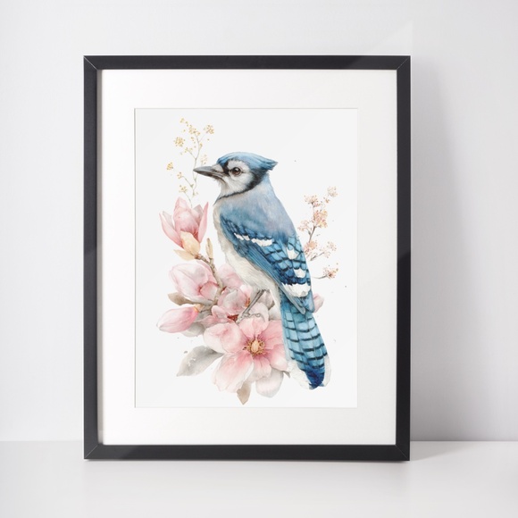 Watercolor Floral Blue Jay Art Print - Unframed Wall Decor - Picture 2 of 6